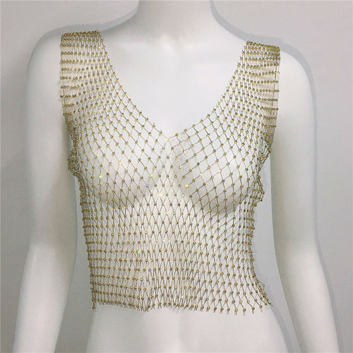 Sexy Women Sleeveless Mesh Diamonds Fashion Crop Tops 2022 Summer