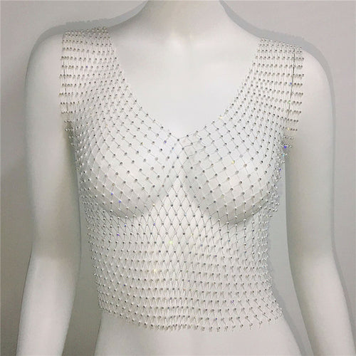 Sexy Women Sleeveless Mesh Diamonds Fashion Crop Tops 2022 Summer