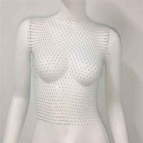 Sexy Women Sleeveless Mesh Diamonds Fashion Crop Tops 2022 Summer