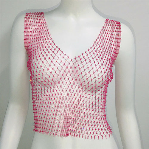 Sexy Women Sleeveless Mesh Diamonds Fashion Crop Tops 2022 Summer