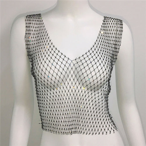 Sexy Women Sleeveless Mesh Diamonds Fashion Crop Tops 2022 Summer