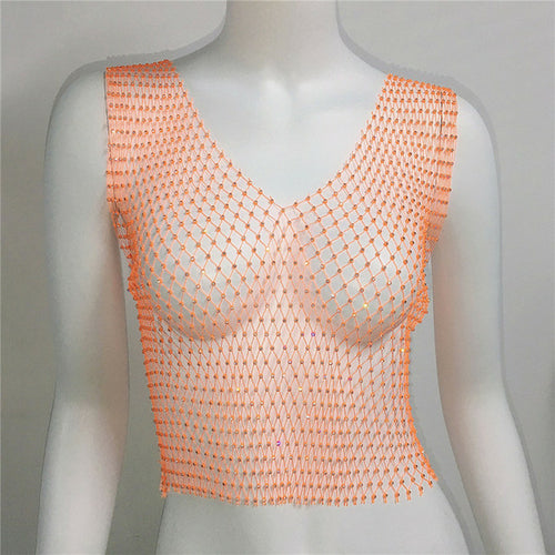 Sexy Women Sleeveless Mesh Diamonds Fashion Crop Tops 2022 Summer