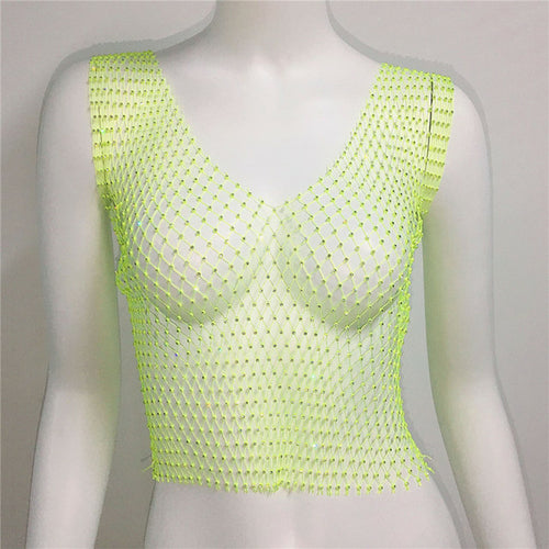 Sexy Women Sleeveless Mesh Diamonds Fashion Crop Tops 2022 Summer