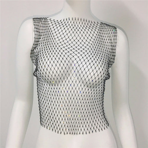 Sexy Women Sleeveless Mesh Diamonds Fashion Crop Tops 2022 Summer