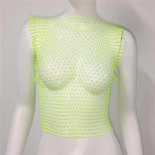 Sexy Women Sleeveless Mesh Diamonds Fashion Crop Tops 2022 Summer