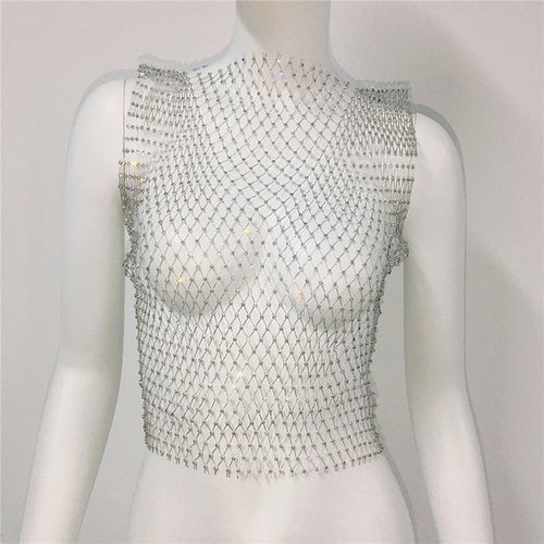 Sexy Women Sleeveless Mesh Diamonds Fashion Crop Tops 2022 Summer