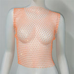 Sexy Women Sleeveless Mesh Diamonds Fashion Crop Tops 2022 Summer