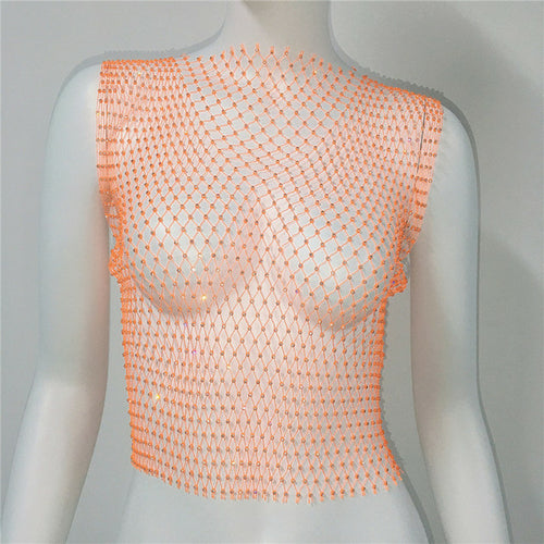 Sexy Women Sleeveless Mesh Diamonds Fashion Crop Tops 2022 Summer
