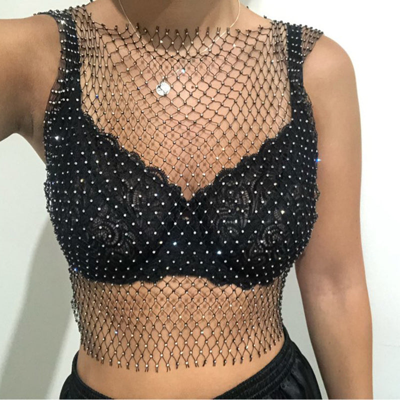 Sexy Women Sleeveless Mesh Diamonds Fashion Crop Tops 2022 Summer