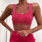 Sexy Women Sleeveless Mesh Diamonds Fashion Crop Tops 2022 Summer