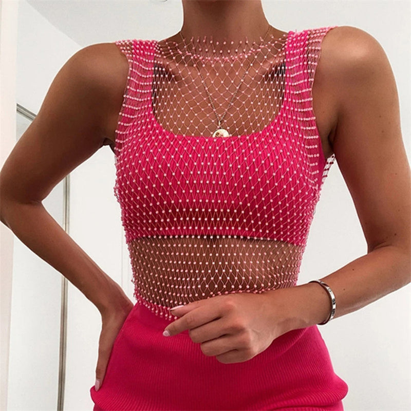 Sexy Women Sleeveless Mesh Diamonds Fashion Crop Tops 2022 Summer