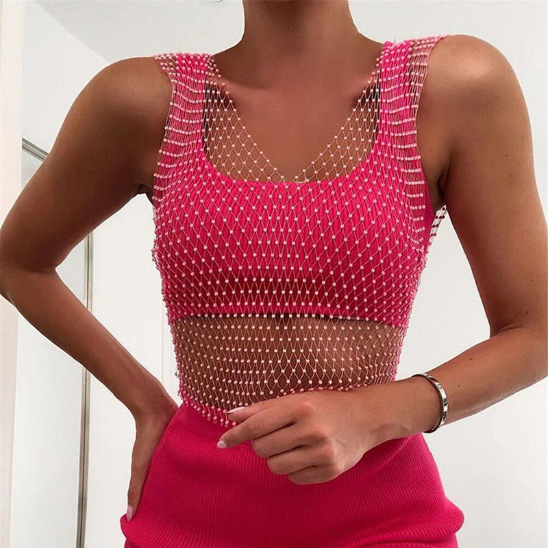 Sexy Women Sleeveless Mesh Diamonds Fashion Crop Tops 2022 Summer