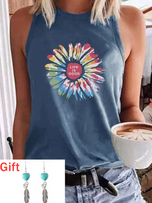 Sleeveless T shirt Tee Life Is Good Floral Tank Top Summer O neck Tops