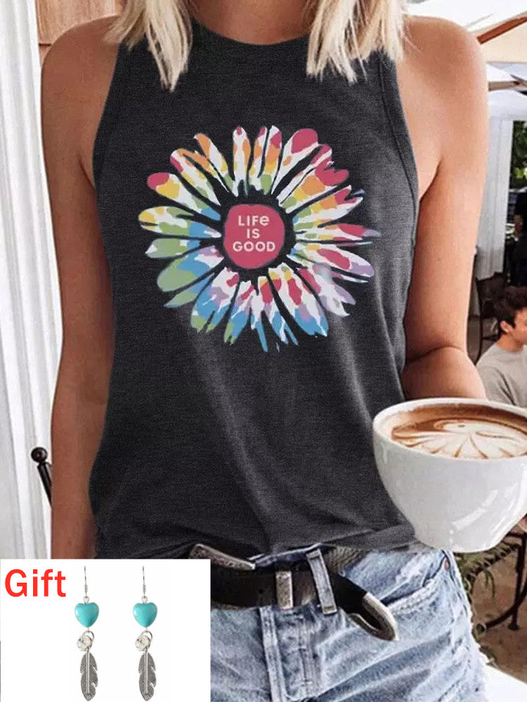 Sleeveless T shirt Tee Life Is Good Floral Tank Top Summer O neck Tops
