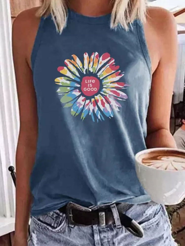 Sleeveless T shirt Tee Life Is Good Floral Tank Top Summer O neck Tops