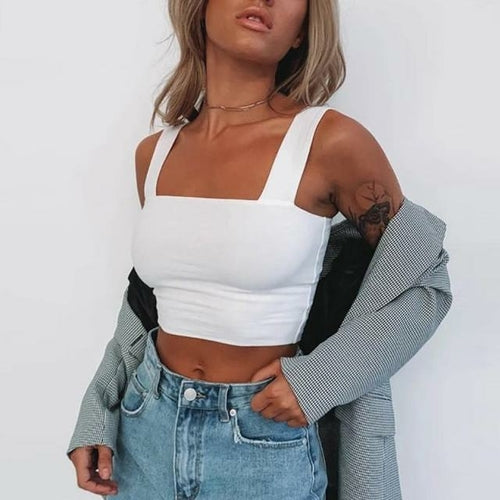 Square Neck Sleeveless Summer Crop Top White Women Black Casual Basic