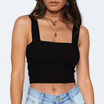 Square Neck Sleeveless Summer Crop Top White Women Black Casual Basic
