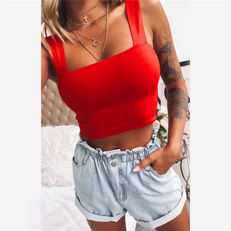 Square Neck Sleeveless Summer Crop Top White Women Black Casual Basic