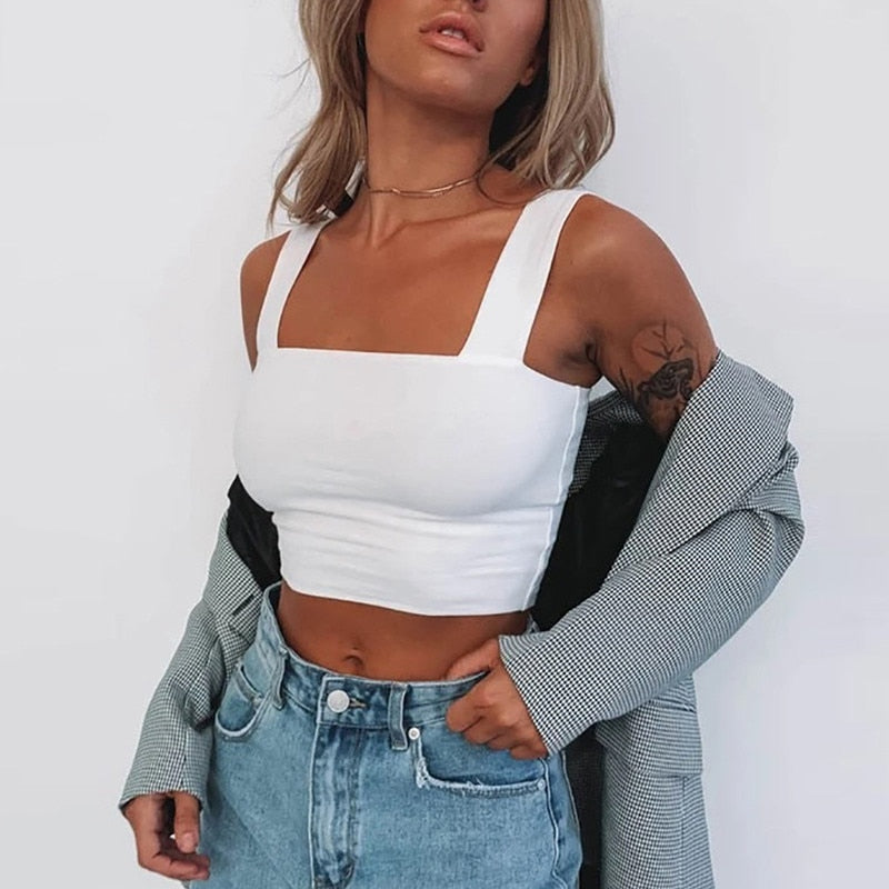 Square Neck Sleeveless Summer Crop Top White Women Black Casual Basic