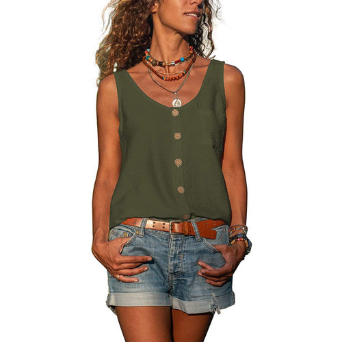 Summer Button Loose Tank Tops Casual Women V Neck Sleeveless Blouse