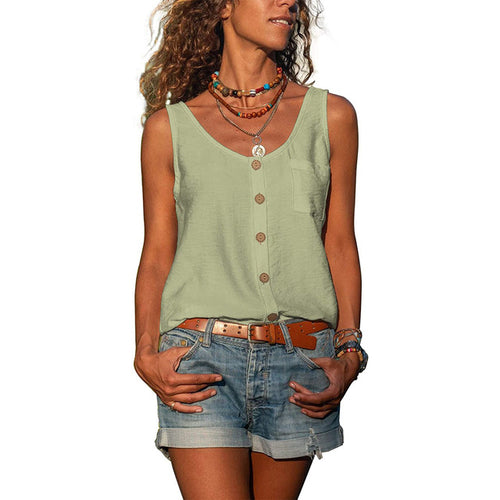Summer Button Loose Tank Tops Casual Women V Neck Sleeveless Blouse