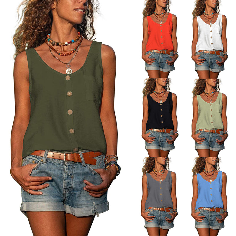 Summer Button Loose Tank Tops Casual Women V Neck Sleeveless Blouse
