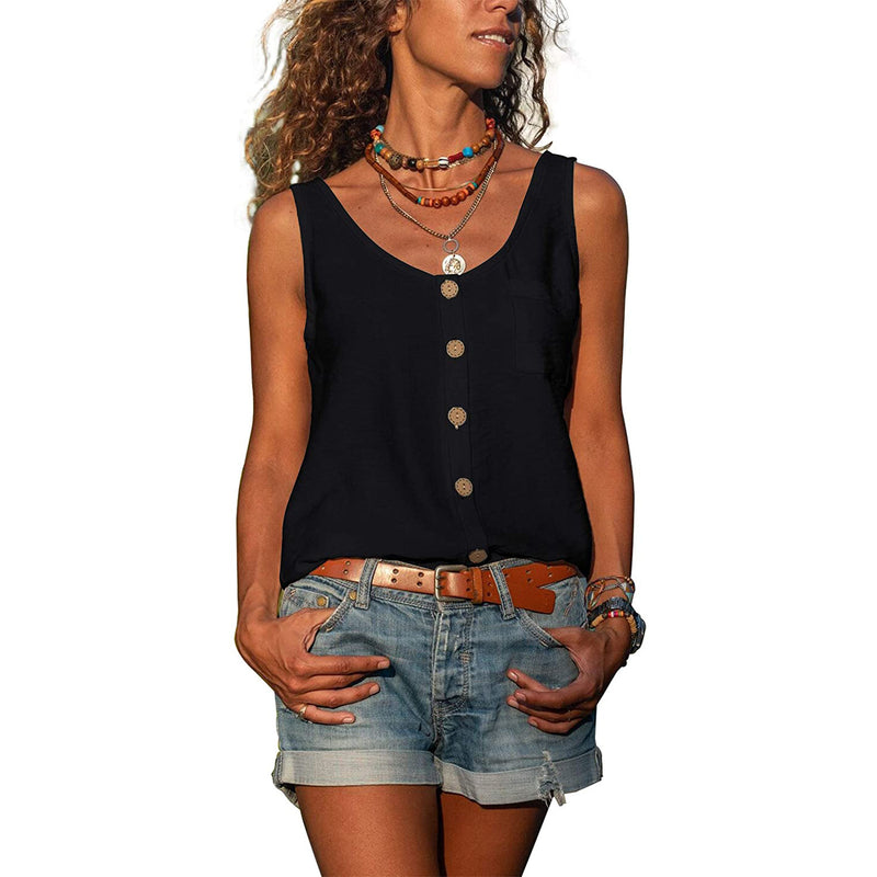 Summer Button Loose Tank Tops Casual Women V Neck Sleeveless Blouse