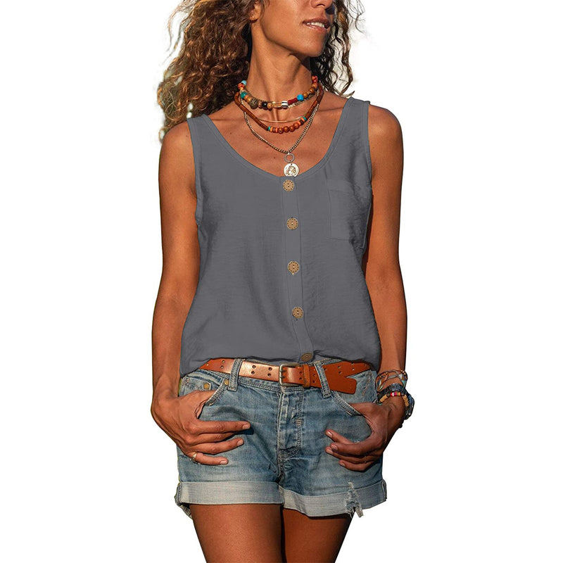 Summer Button Loose Tank Tops Casual Women V Neck Sleeveless Blouse