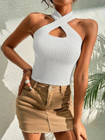 Summer New Women Heart Criss Cross Ribbed Knit Sleeveless Halter