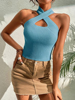 Summer New Women Heart Criss Cross Ribbed Knit Sleeveless Halter