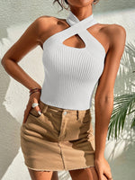 Summer New Women Heart Criss Cross Ribbed Knit Sleeveless Halter