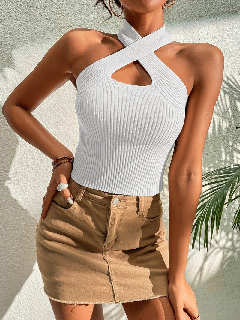 Summer New Women Heart Criss Cross Ribbed Knit Sleeveless Halter