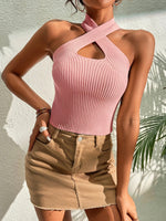 Summer New Women Heart Criss Cross Ribbed Knit Sleeveless Halter