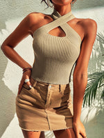 Summer New Women Heart Criss Cross Ribbed Knit Sleeveless Halter