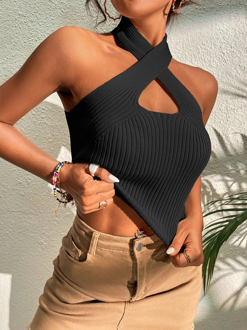 Summer New Women Heart Criss Cross Ribbed Knit Sleeveless Halter
