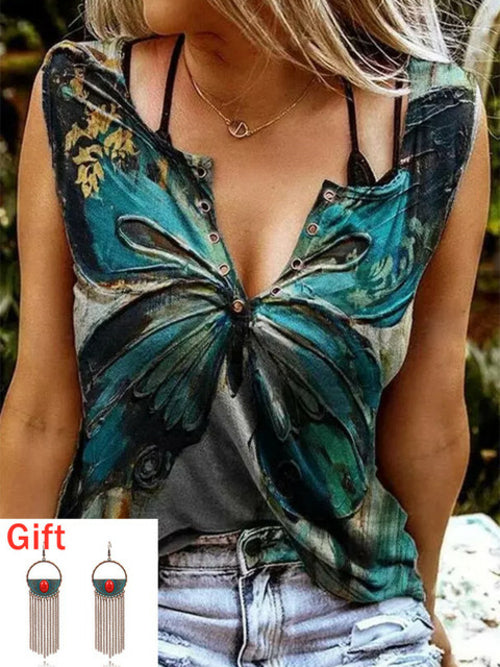 Summer Sleeveless T shirt Butterfly Oil Painting Tank Camisole Tank