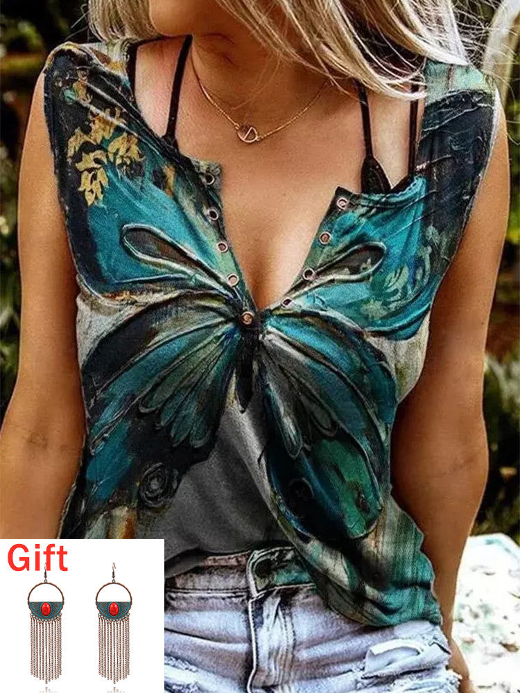 Summer Sleeveless T shirt Butterfly Oil Painting Tank Camisole Tank