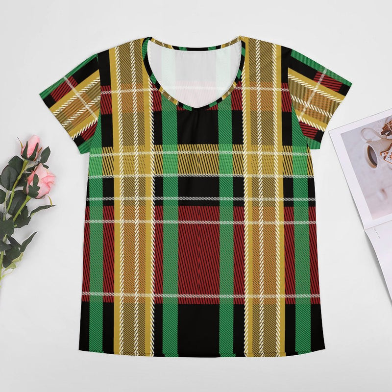 The New Women Yellow Green Black Lattice Thermal Transfer T shirt