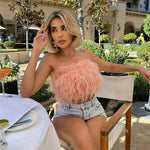 Women Artificial Fur Feather Crop Top Vest Sleeveless Solid Color