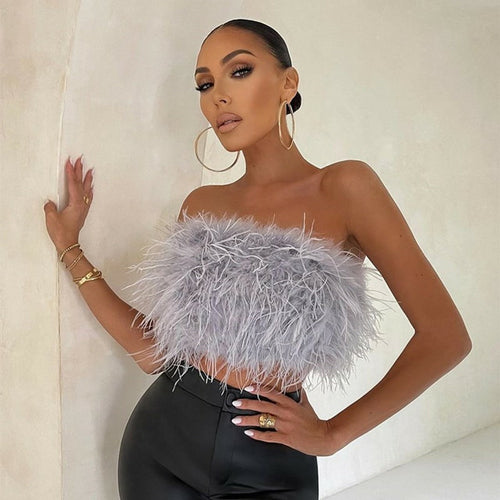 Women Artificial Fur Feather Crop Top Vest Sleeveless Solid Color