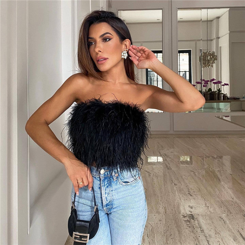 Women Artificial Fur Feather Crop Top Vest Sleeveless Solid Color