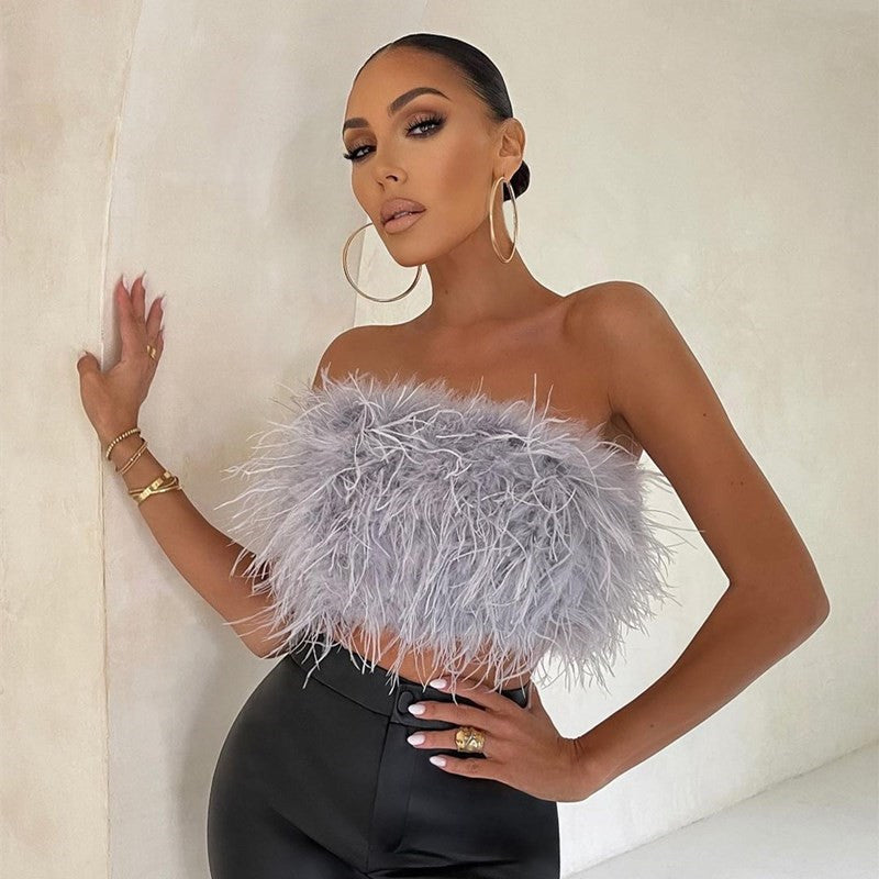 Women Artificial Fur Feather Crop Top Vest Sleeveless Solid Color