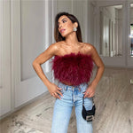 Women Artificial Fur Feather Crop Top Vest Sleeveless Solid Color