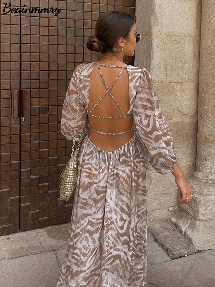 Elegant Print Backless Dress