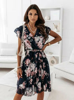 Women Floral Print Pleated Dress 2022 Elegant Short Sleeve Ruffle