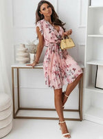 Women Floral Print Pleated Dress 2022 Elegant Short Sleeve Ruffle
