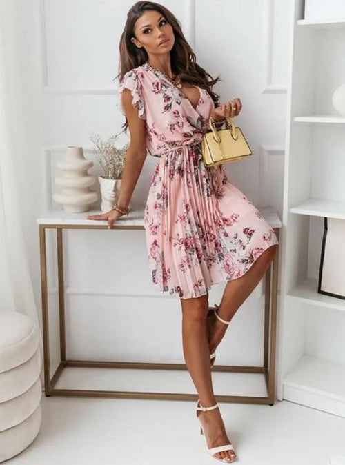 Women Floral Print Pleated Dress 2022 Elegant Short Sleeve Ruffle
