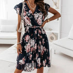 Women Floral Print Pleated Dress 2022 Elegant Short Sleeve Ruffle