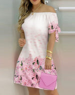 Women Off Shoulder Mini Dress Summer Sexy Short Sleeve Bow Tie Striped