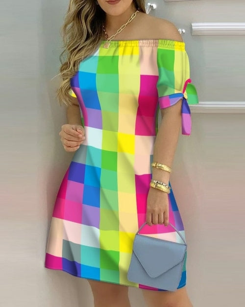 Women Off Shoulder Mini Dress Summer Sexy Short Sleeve Bow Tie Striped